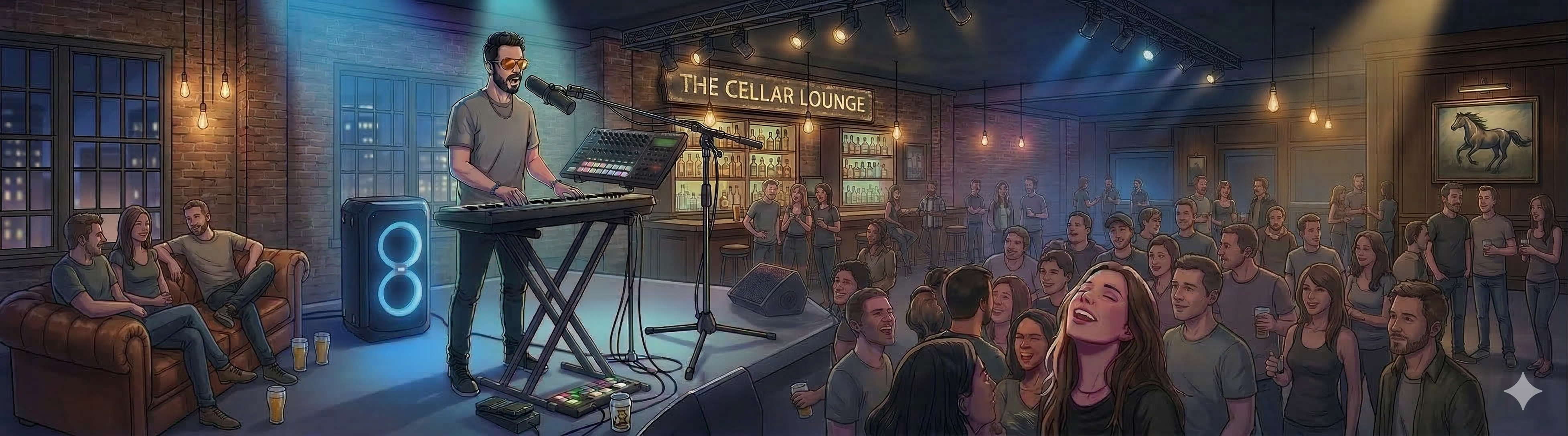 Stylized venue-pack banner showing Loophole performing in a lounge-style room with keys, looping rig, and an engaged crowd